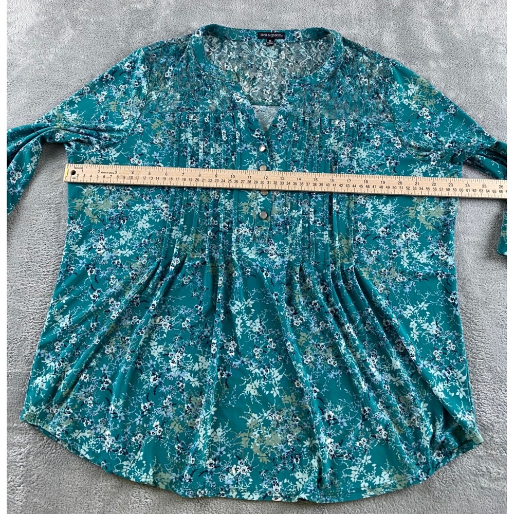 Ava & Grace Womens XL Teal Floral Pintuck Lace Yoke 3/4 Roll Tab Sleeve Blouse - Picture 6 of 14